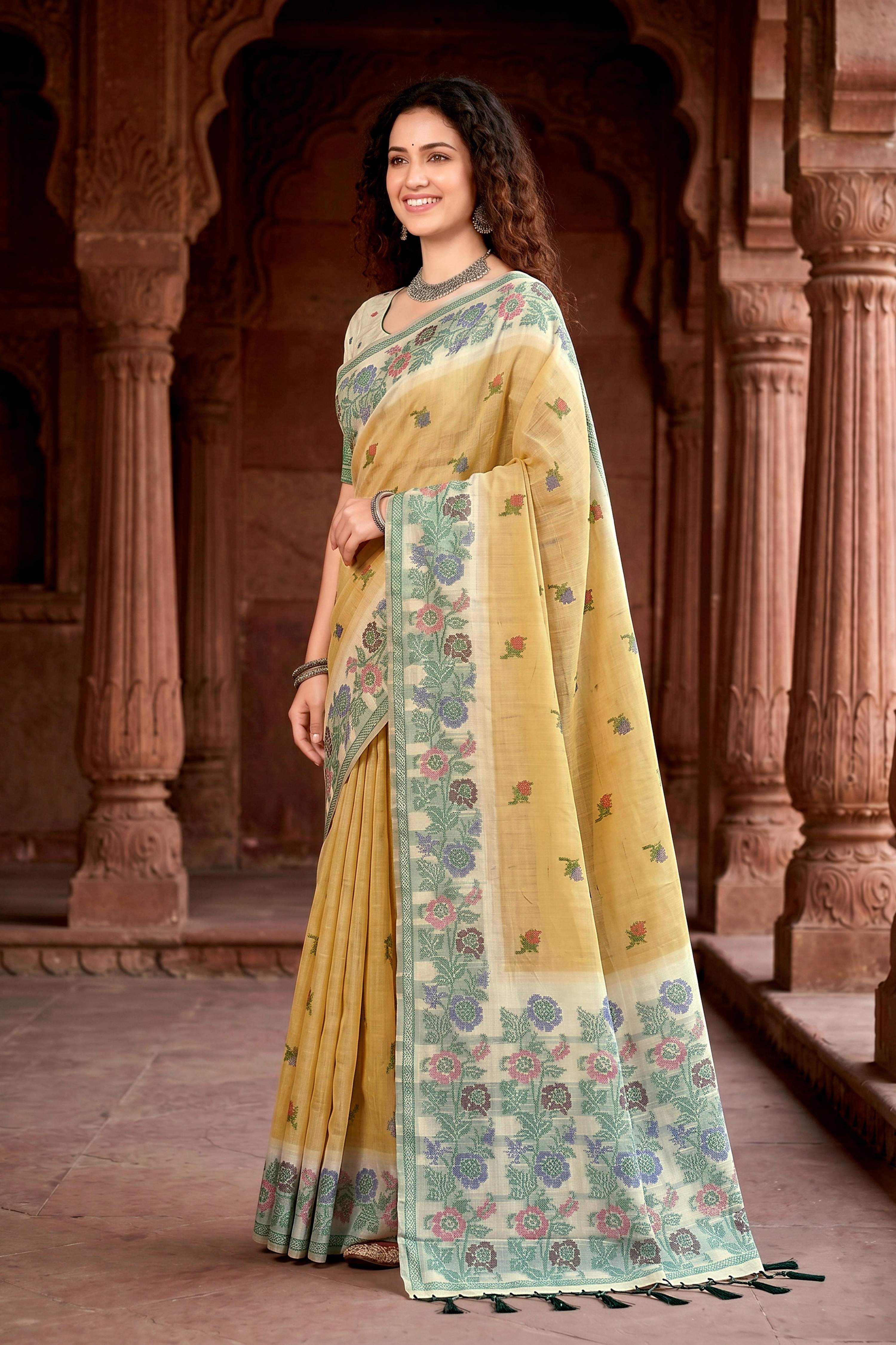Sangam Prints Mustard Yellow Cotton Blend Woven Work Traditional Saree - Dista