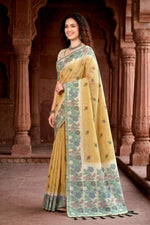 Thumbnail for Sangam Prints Mustard Yellow Cotton Blend Woven Work Traditional Saree - Dista