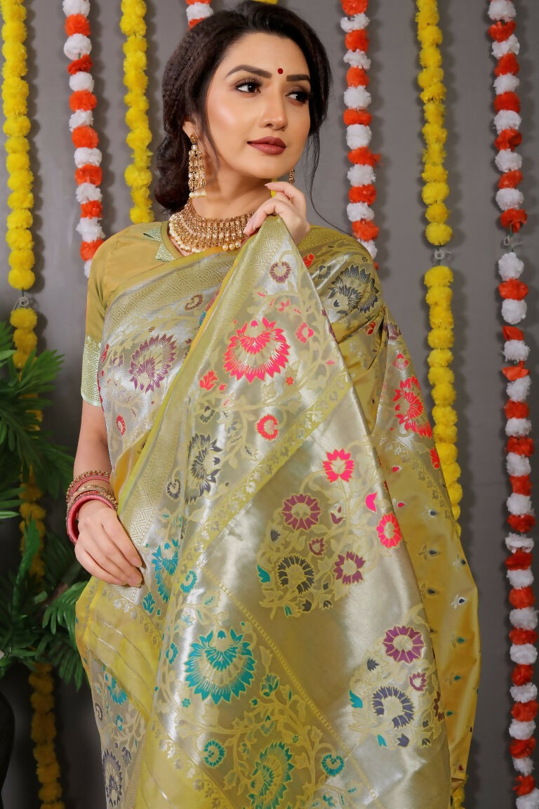 Jyoti Fashion Women's Mehndi Banarasi Silk Zari Woven Saree with Blouse - Distacart