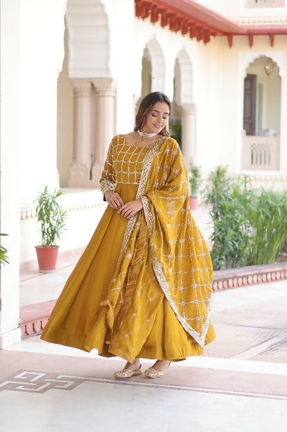 Joban Fashion Yellow Kurta Set Silk Sequins , Zari, Coding & Thread Embroidered work - Distacart