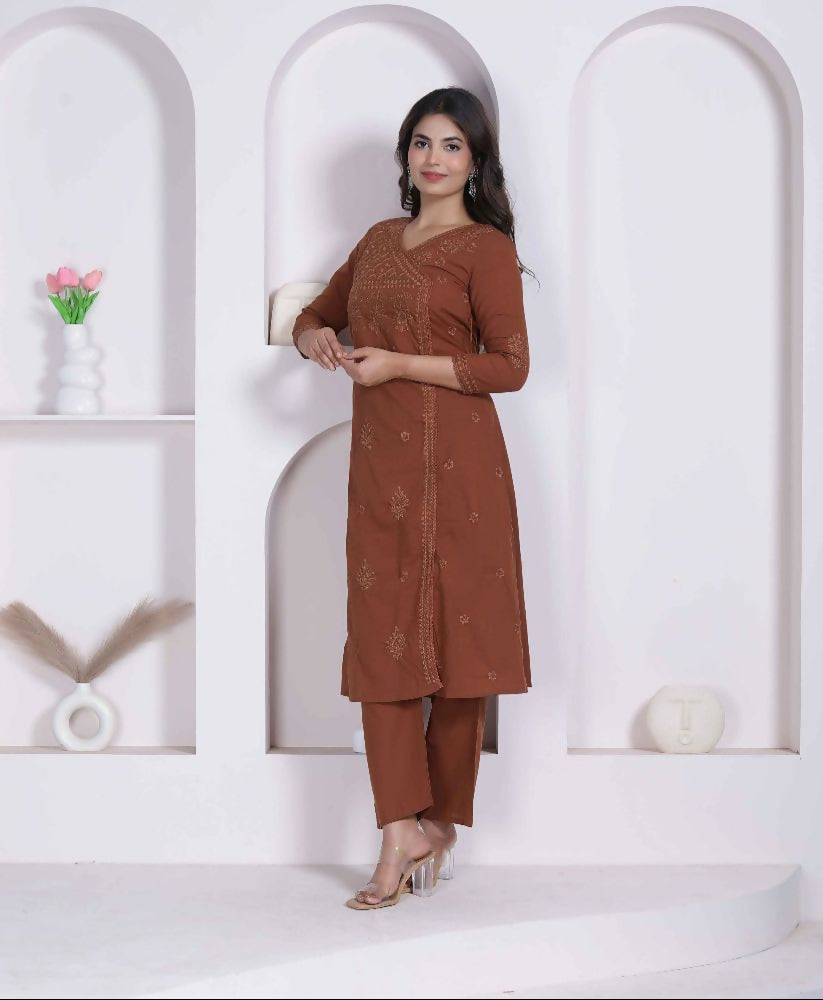 Miravan Womens Brown Floral Printed Angrakha Style Kurta With Palazzo - Dista