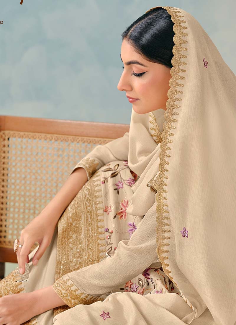 Vegaa Fashion Cream Premium Chinon Embroidered Palazzo Suit