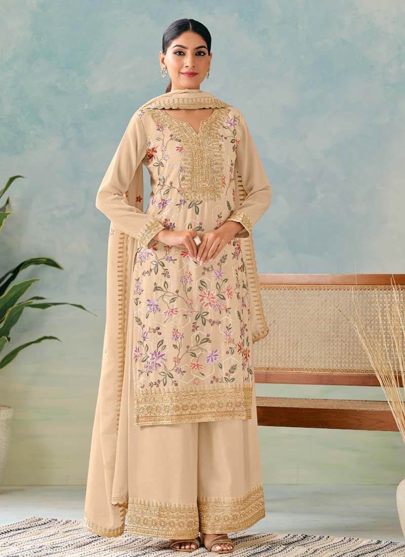 Vegaa Fashion Cream Premium Chinon Embroidered Palazzo Suit