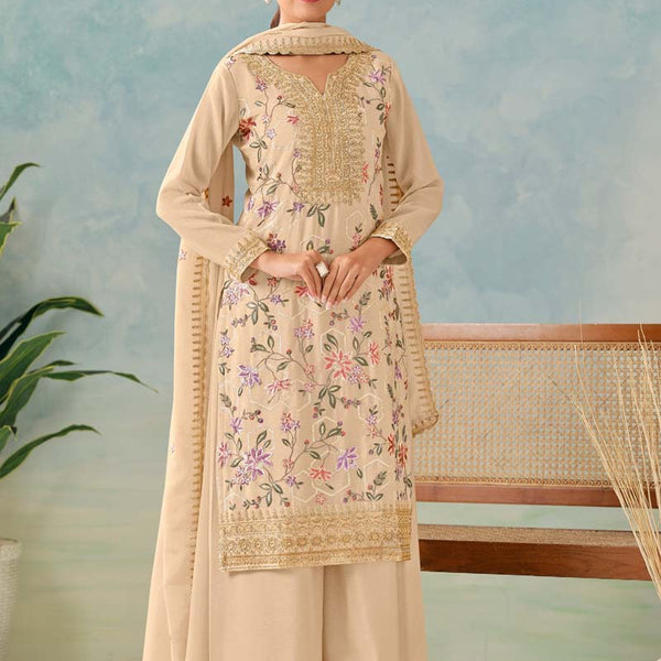 Vegaa Fashion Cream Premium Chinon Embroidered Palazzo Suit - Distacart