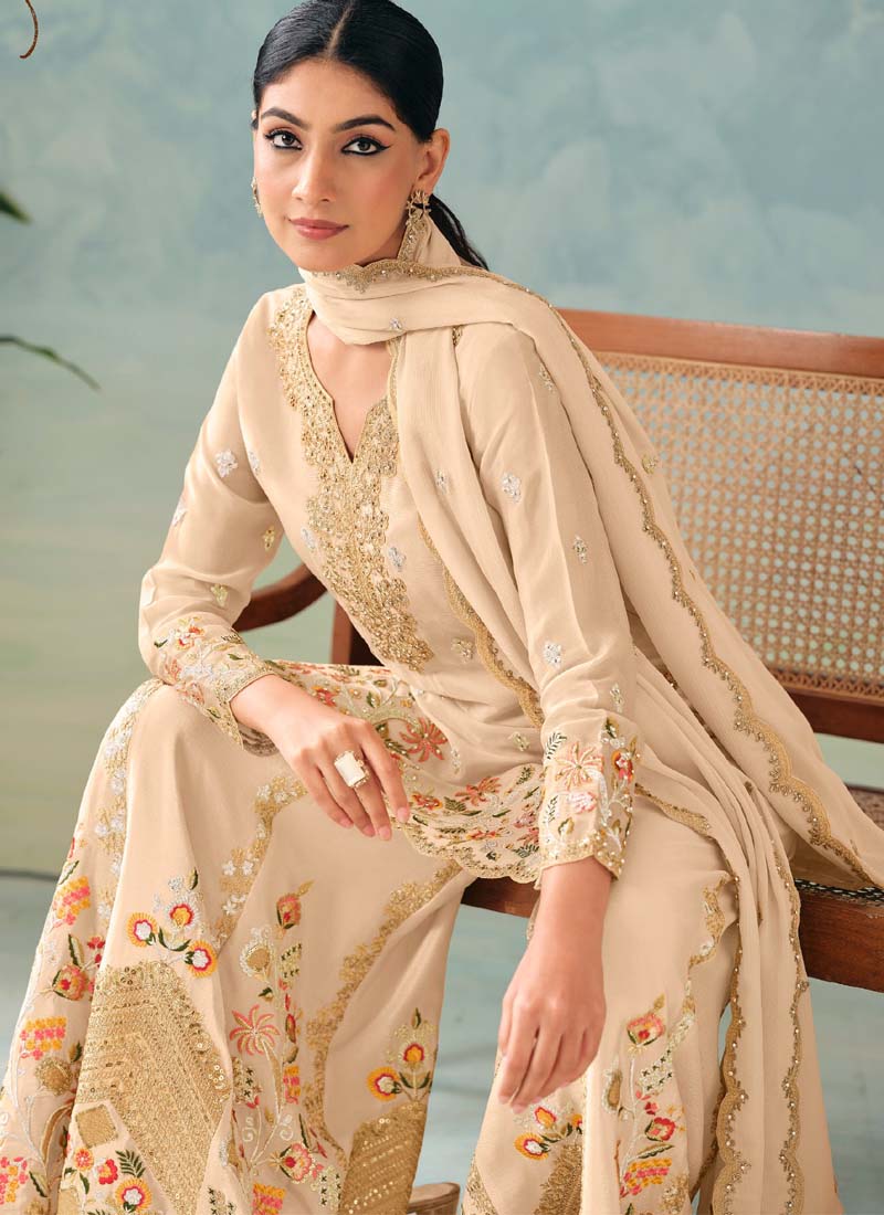 Vegaa Fashion Cream Premium Chinon Embroidered Palazzo Suit