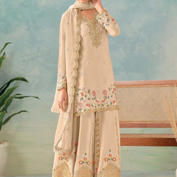 Vegaa Fashion Cream Premium Chinon Embroidered Palazzo Suit - Distacart