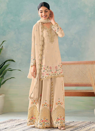 Vegaa Fashion Cream Premium Chinon Embroidered Palazzo Suit