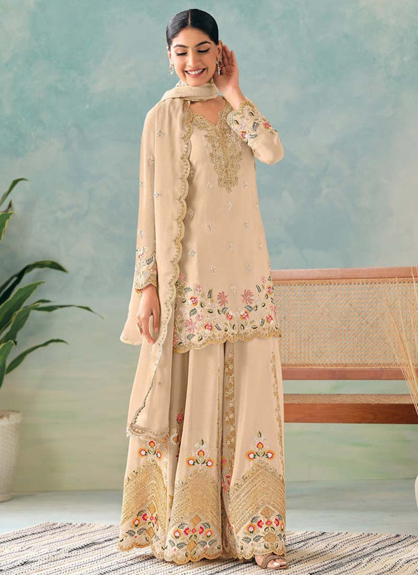 Vegaa Fashion Cream Premium Chinon Embroidered Palazzo Suit