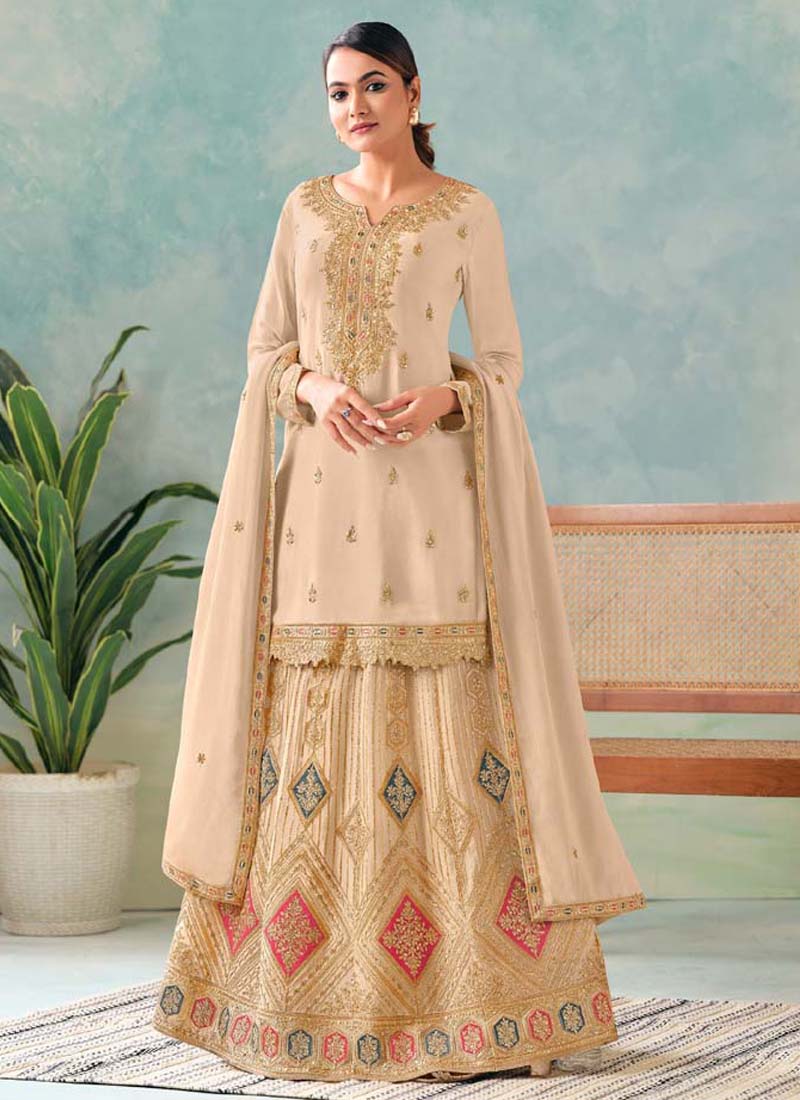 Vegaa Fashion Cream Premium Chinon Embroidered Palazzo Suit