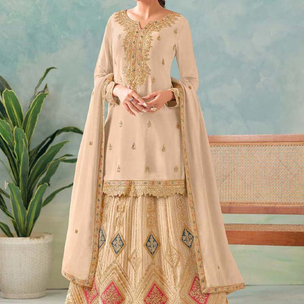 Vegaa Fashion Cream Premium Chinon Embroidered Palazzo Suit - Distacart