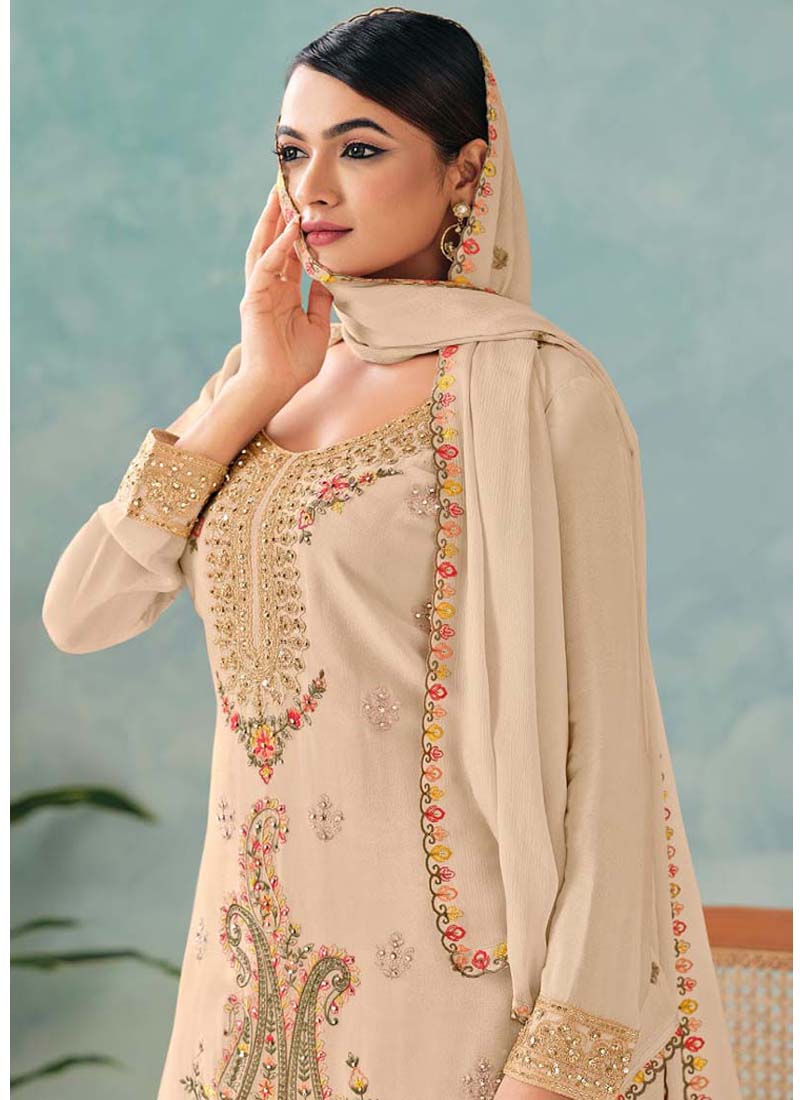 Vegaa Fashion Cream Premium Chinon Embroidered Palazzo Suit