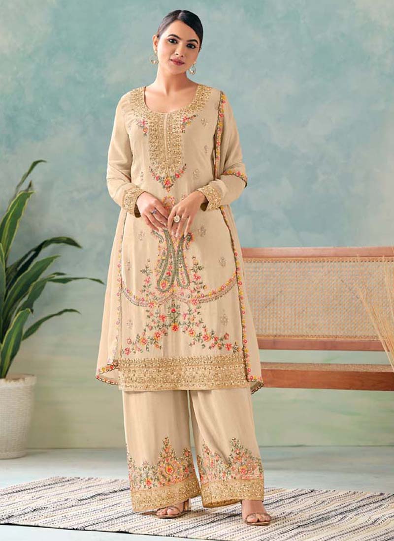 Vegaa Fashion Cream Premium Chinon Embroidered Palazzo Suit