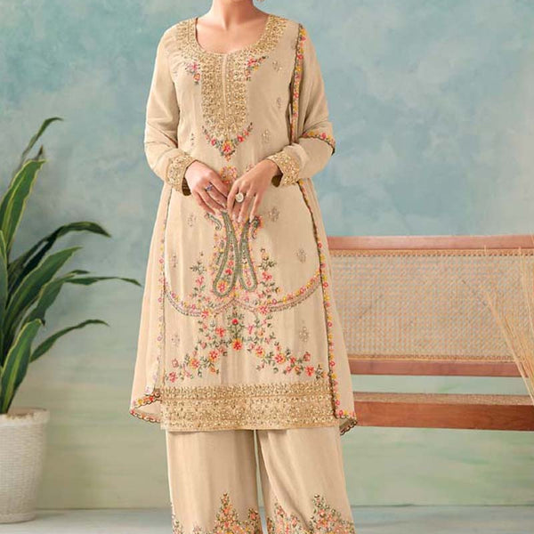 Vegaa Fashion Cream Premium Chinon Embroidered Palazzo Suit - Distacart