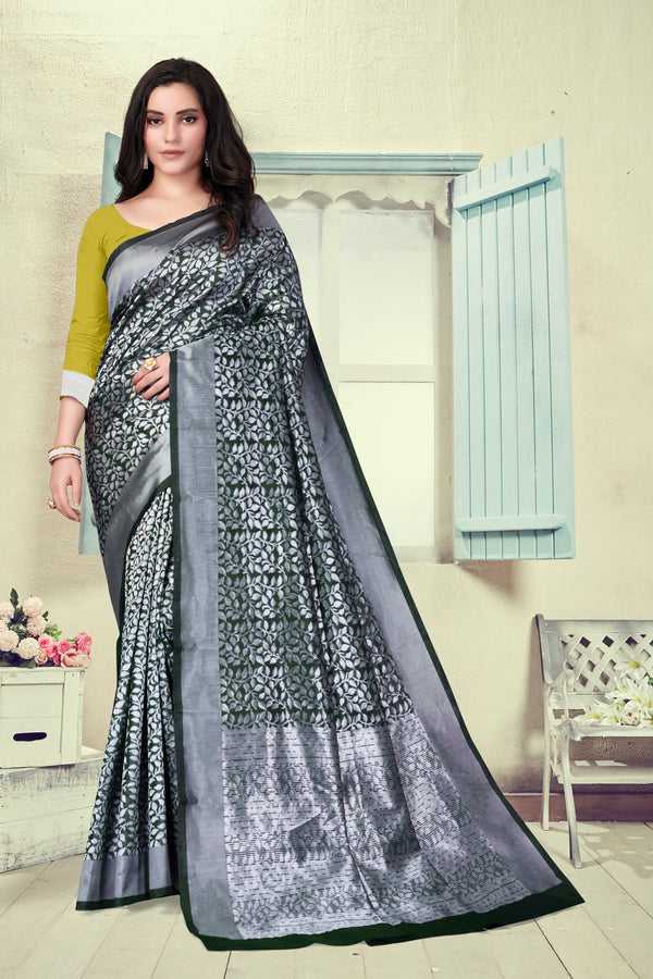 Vedant Vastram Litchi Silk Designer Banarasi Saree - Bottle Green - Distacart