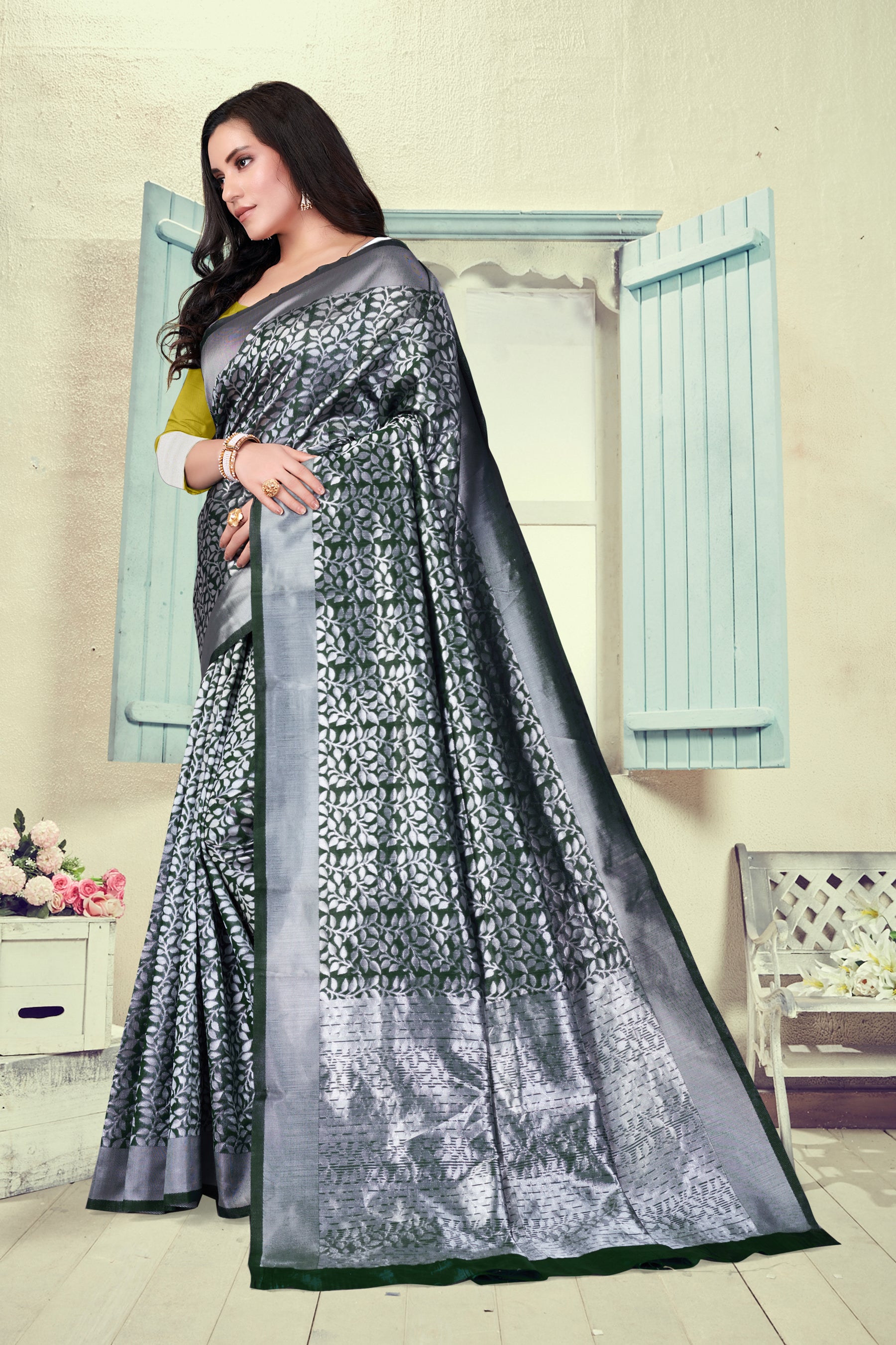 Vedant Vastram Litchi Silk Designer Banarasi Saree - Bottle Green - Distacart