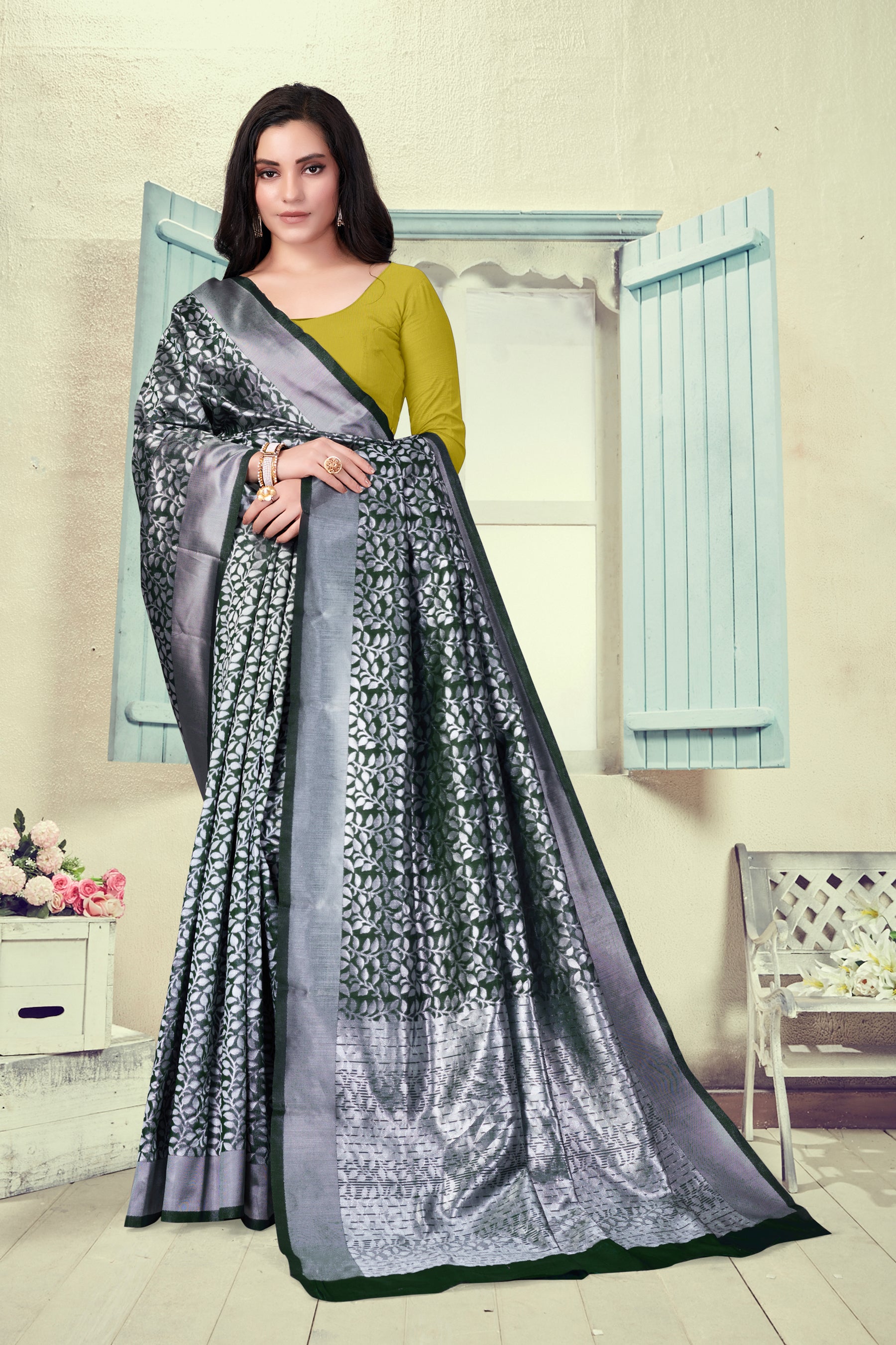 Vedant Vastram Litchi Silk Designer Banarasi Saree - Bottle Green - Distacart