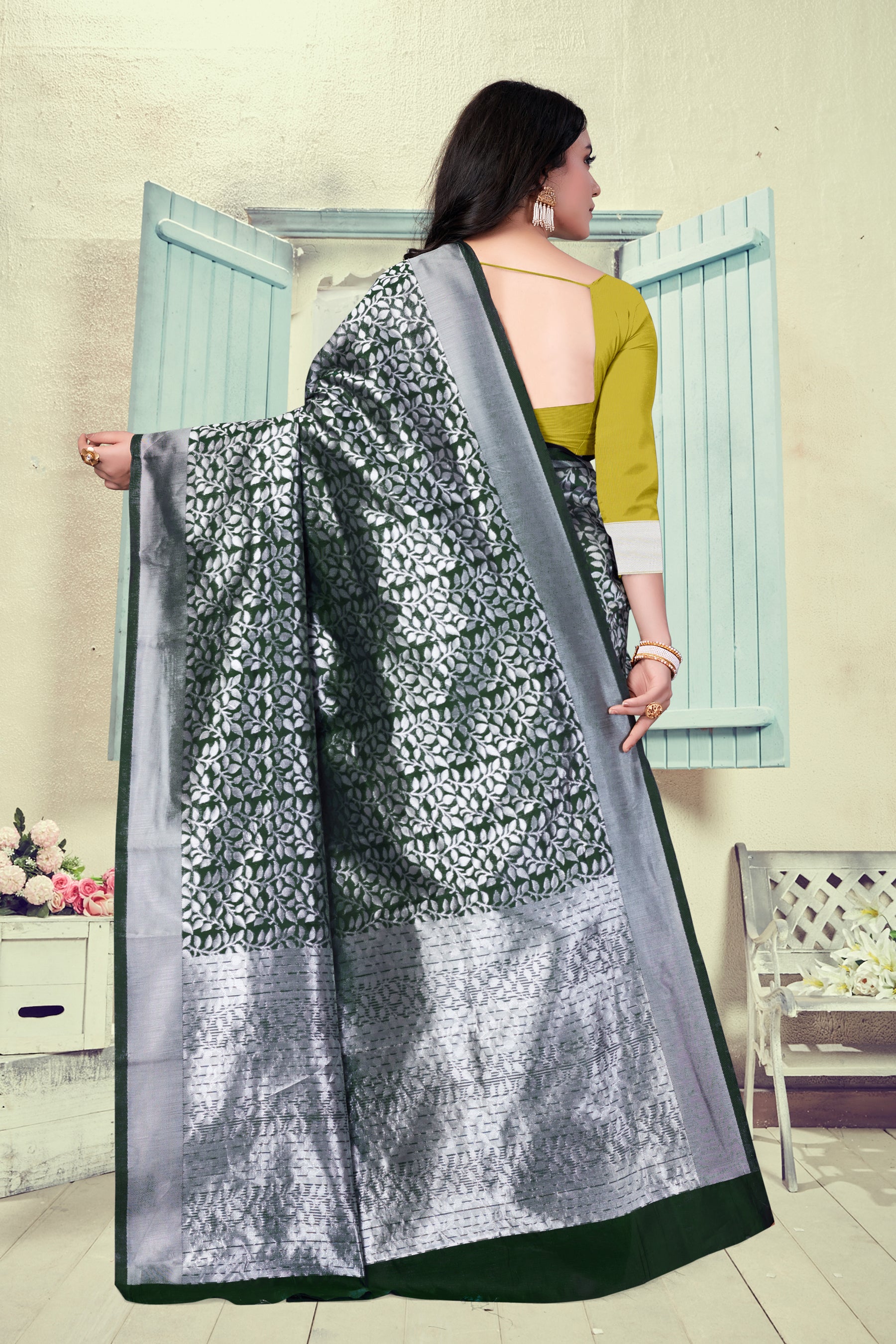 Vedant Vastram Litchi Silk Designer Banarasi Saree - Bottle Green - Distacart