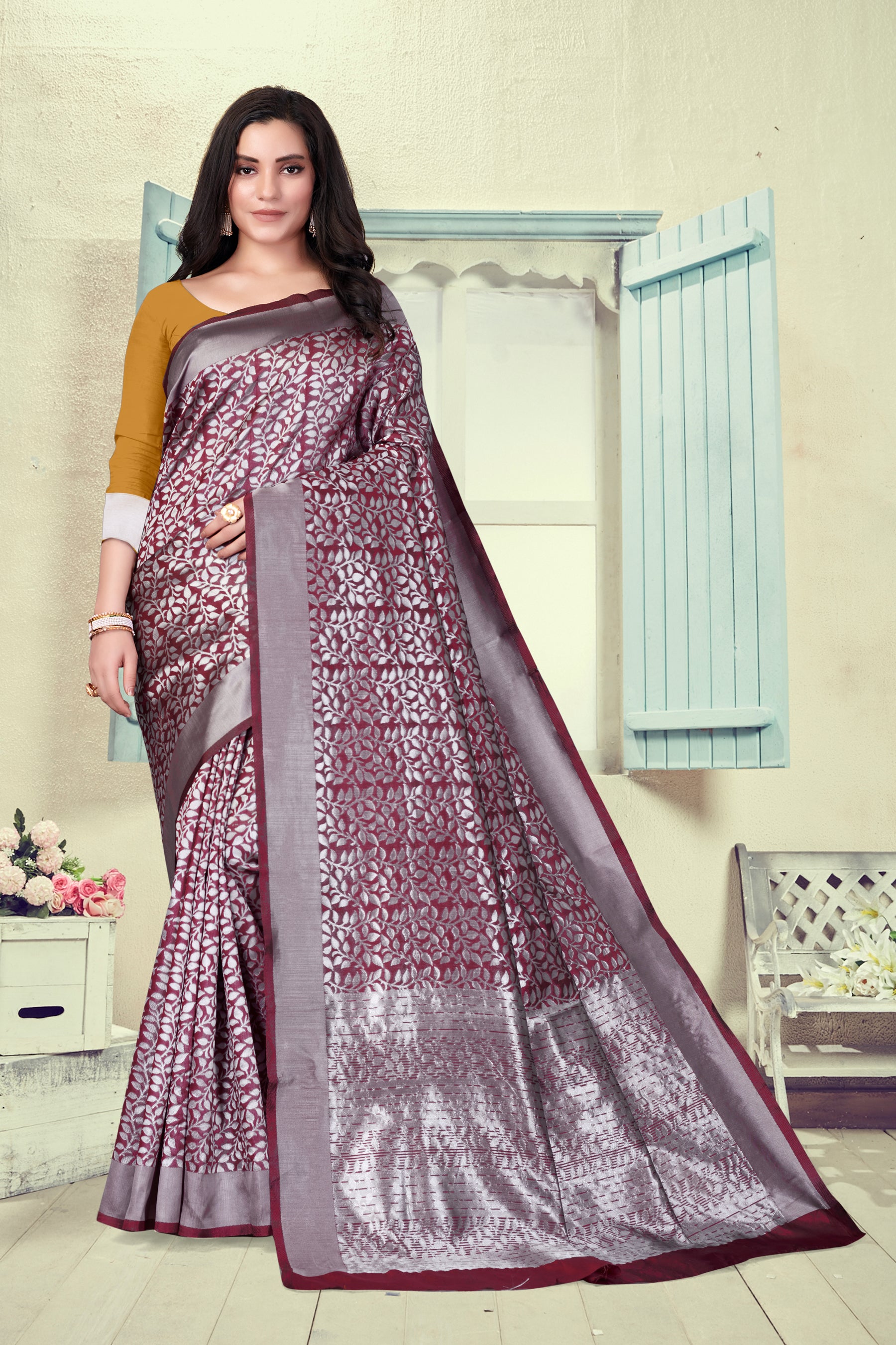 Vedant Vastram Litchi Silk Designer Banarasi Saree - Maroon - Distacart