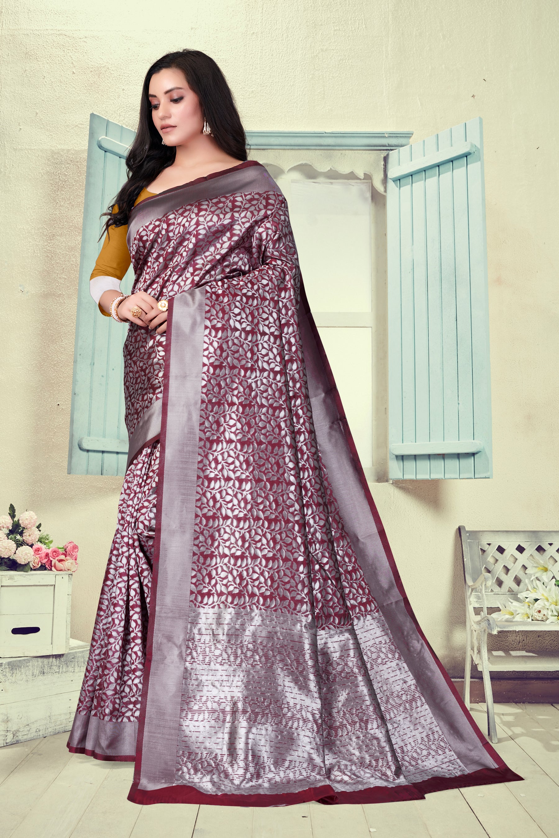 Vedant Vastram Litchi Silk Designer Banarasi Saree - Maroon - Distacart