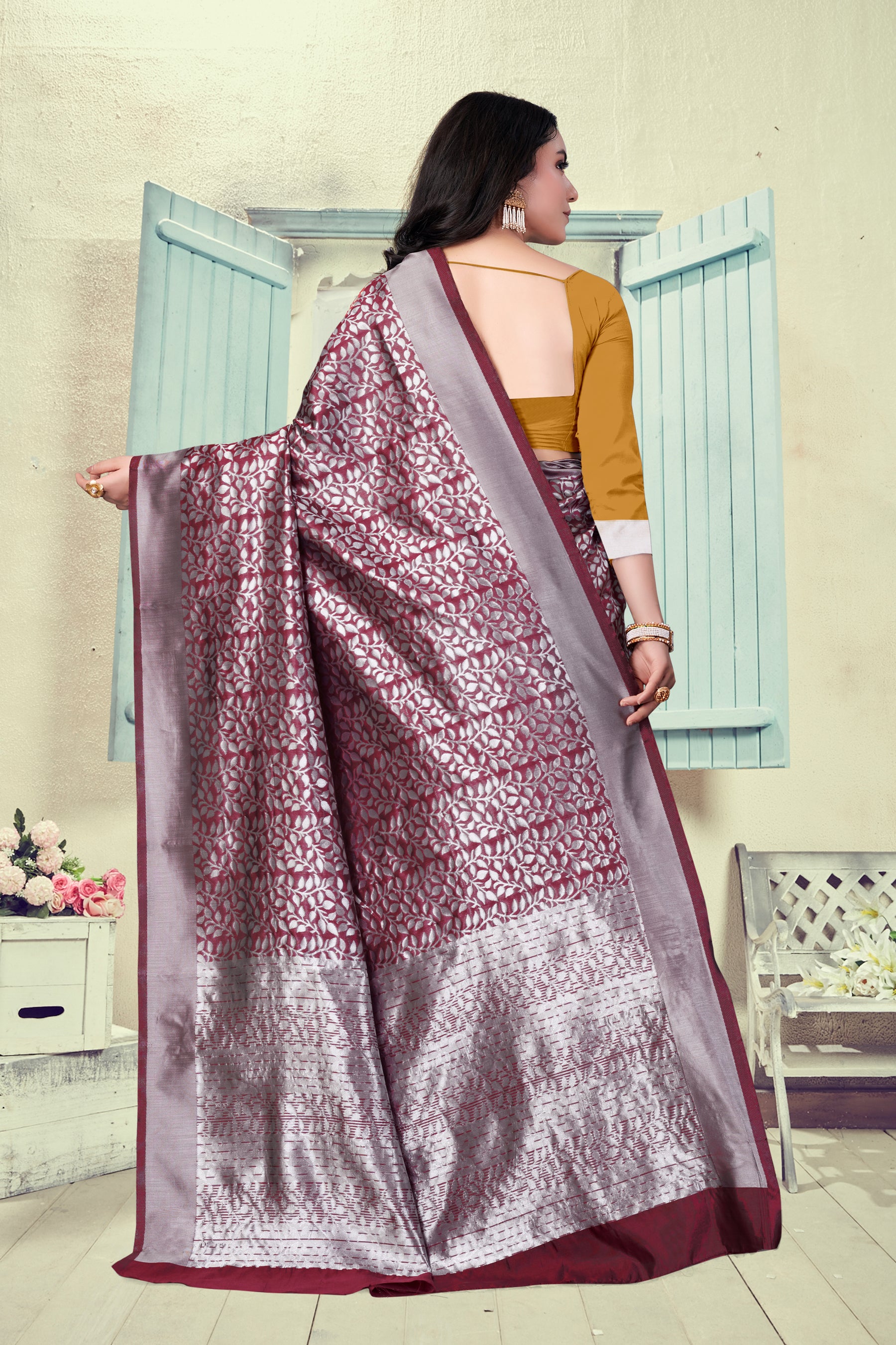 Vedant Vastram Litchi Silk Designer Banarasi Saree - Maroon - Distacart