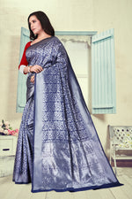Thumbnail for Vedant Vastram Litchi Silk Designer Banarasi Saree - Navy Blue - Distacart