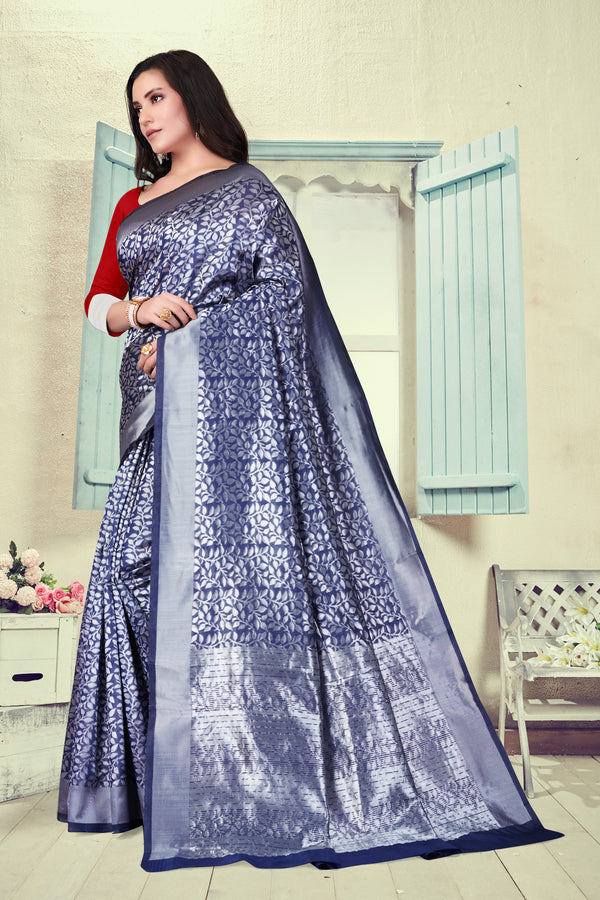Vedant Vastram Litchi Silk Designer Banarasi Saree - Navy Blue - Distacart