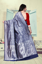 Thumbnail for Vedant Vastram Litchi Silk Designer Banarasi Saree - Navy Blue - Distacart