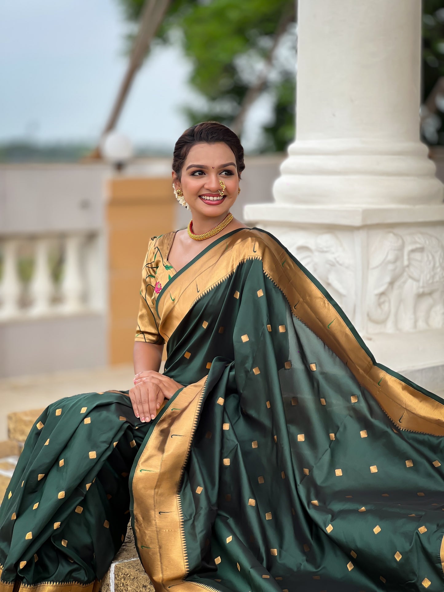 Vedant Vastram Soft Litchi Silk Paithani Jacquard Saree - Green - Dista