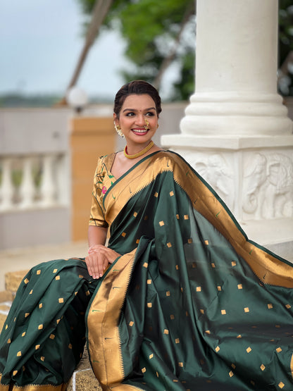 Vedant Vastram Soft Litchi Silk Paithani Jacquard Saree - Green - Dista