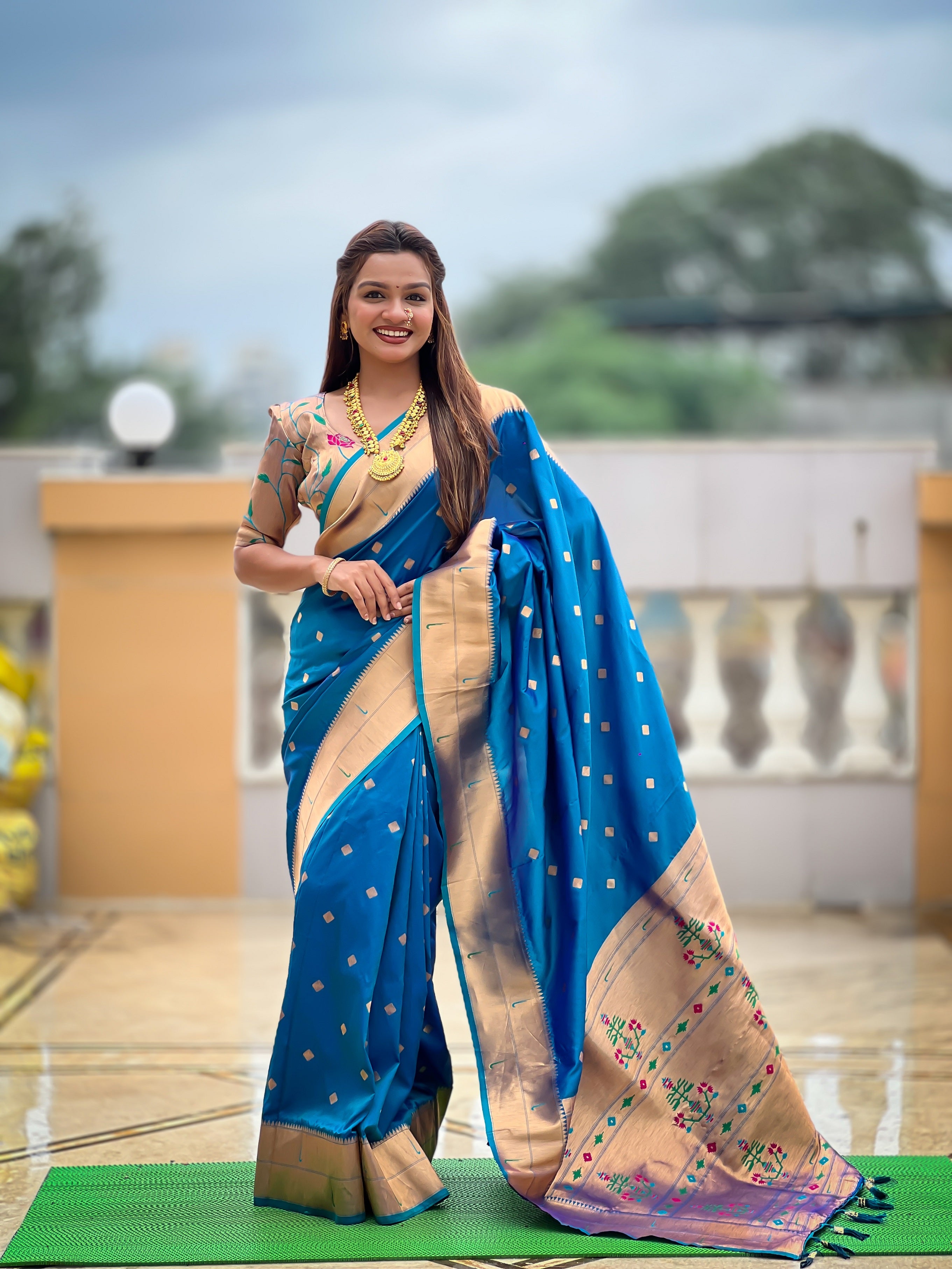 Vedant Vastram Soft Litchi Silk Paithani Jacquard Saree - Firozi - Dista