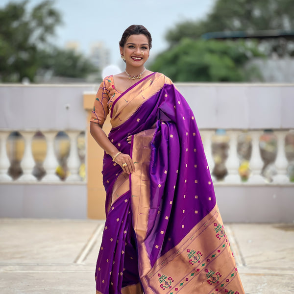 Vedant Vastram Soft Litchi Silk Paithani Jacquard Saree - Magenta - Dista
