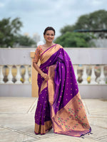 Thumbnail for Vedant Vastram Soft Litchi Silk Paithani Jacquard Saree - Magenta - Dista