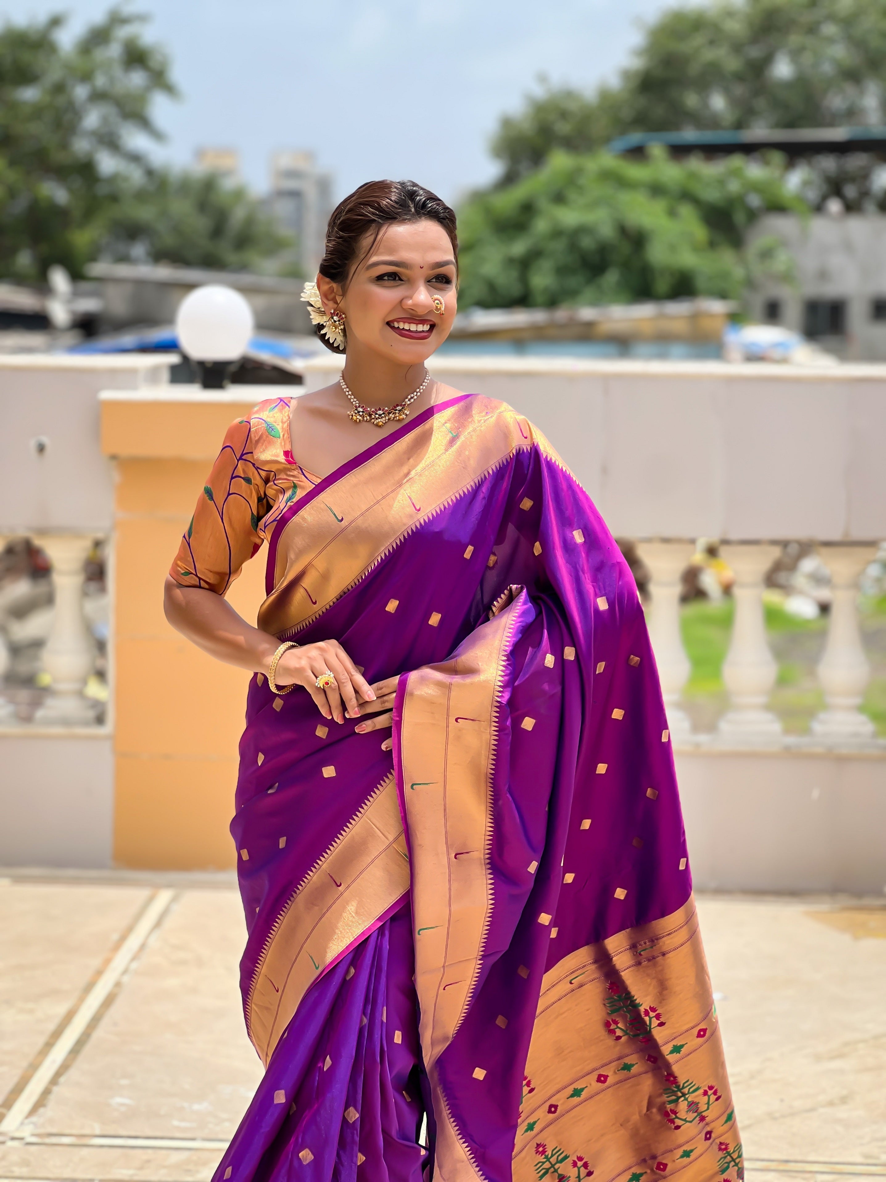 Vedant Vastram Soft Litchi Silk Paithani Jacquard Saree - Magenta - Dista