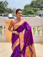 Thumbnail for Vedant Vastram Soft Litchi Silk Paithani Jacquard Saree - Magenta - Dista