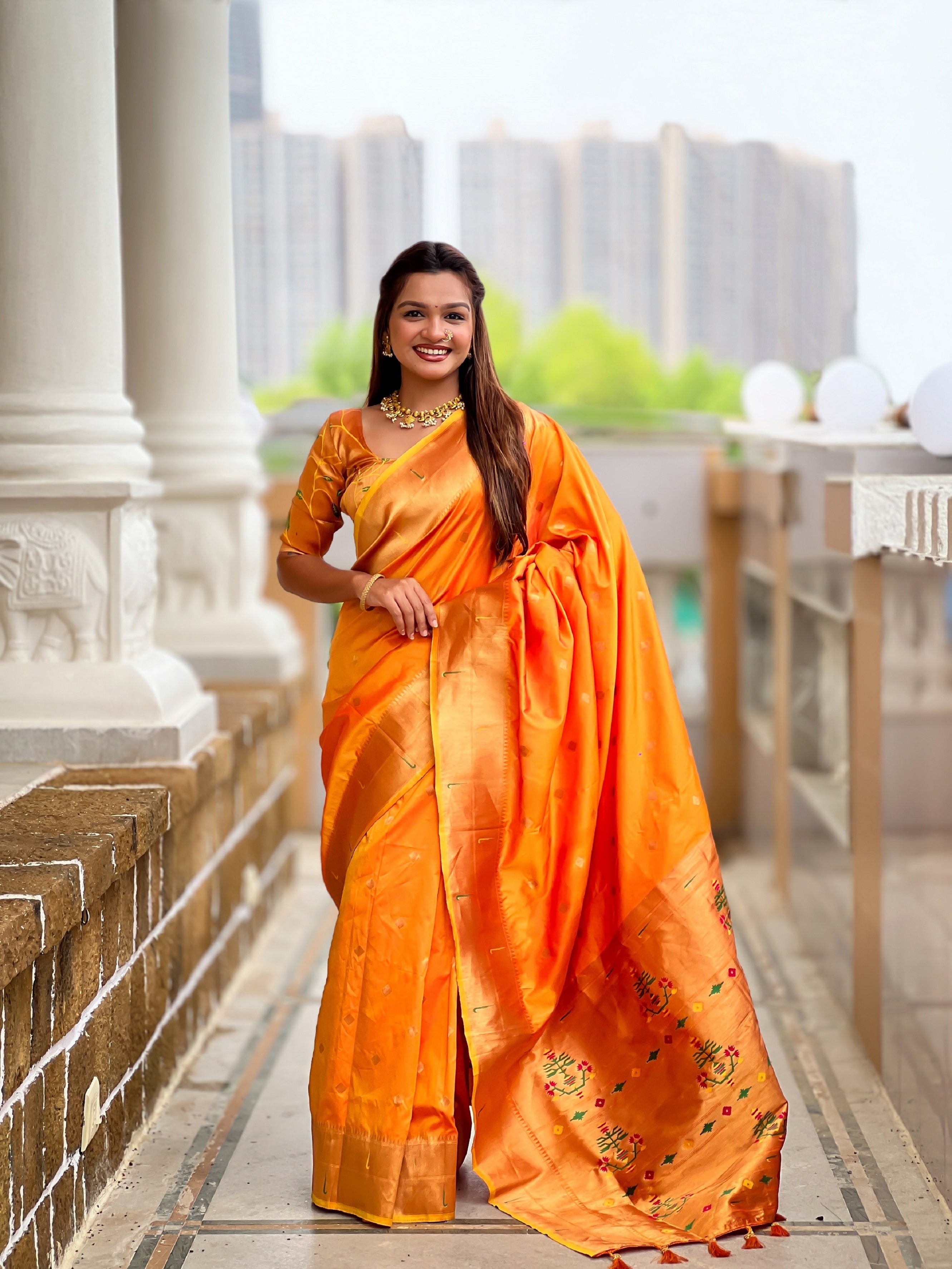 Vedant Vastram Soft Litchi Silk Paithani Jacquard Saree - Mustard - Dista