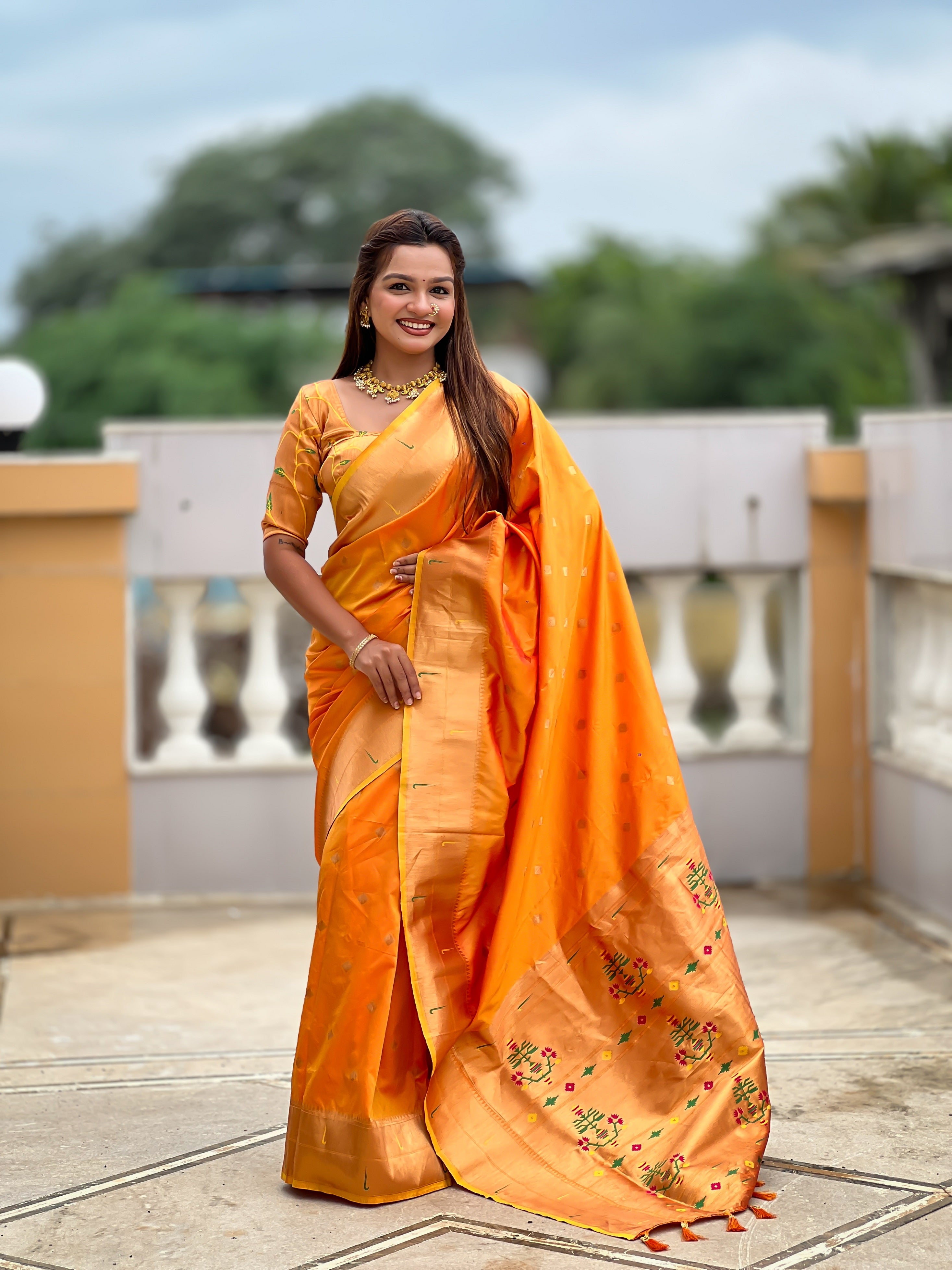 Vedant Vastram Soft Litchi Silk Paithani Jacquard Saree - Mustard - Dista