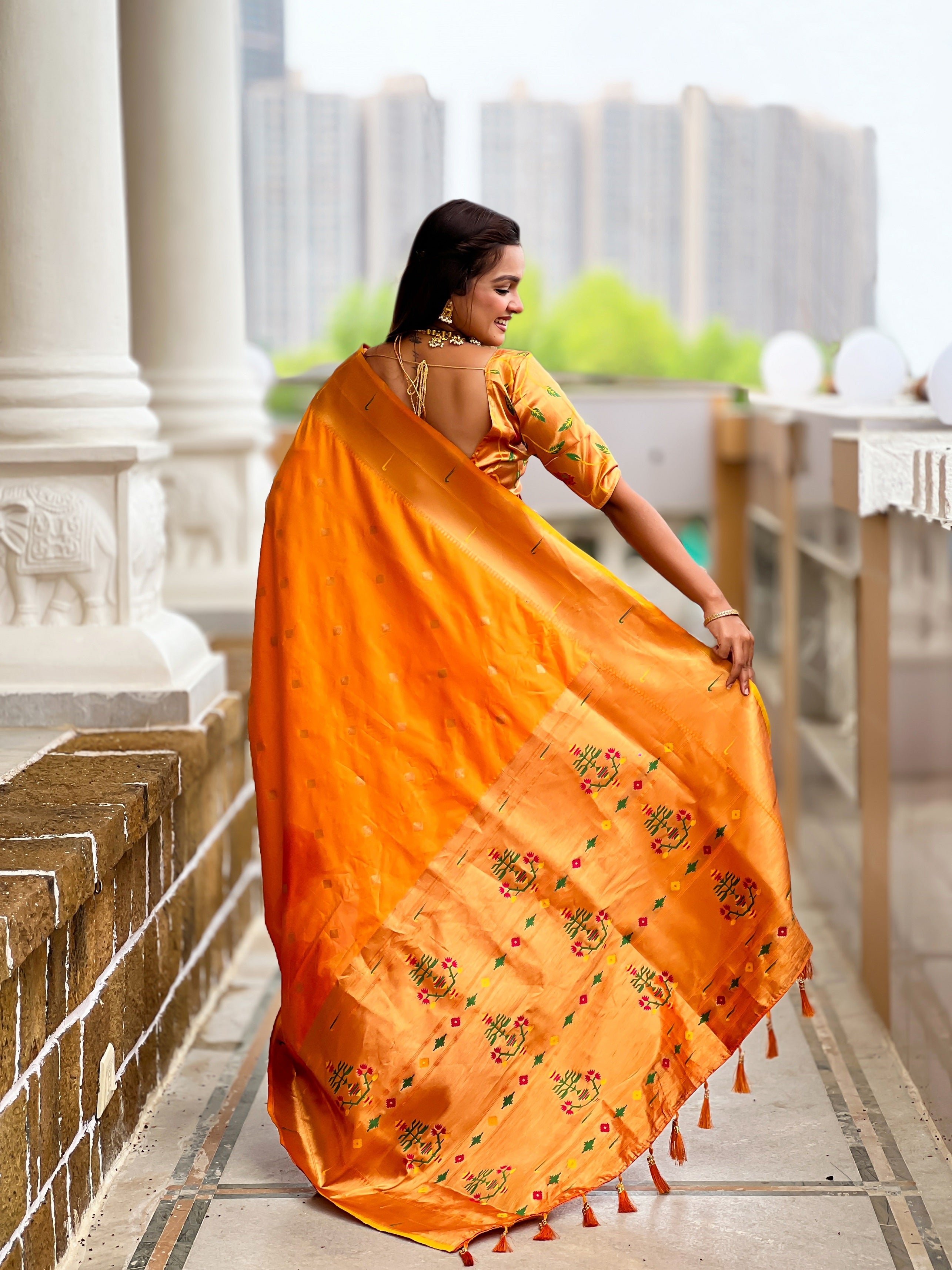 Vedant Vastram Soft Litchi Silk Paithani Jacquard Saree - Mustard - Dista