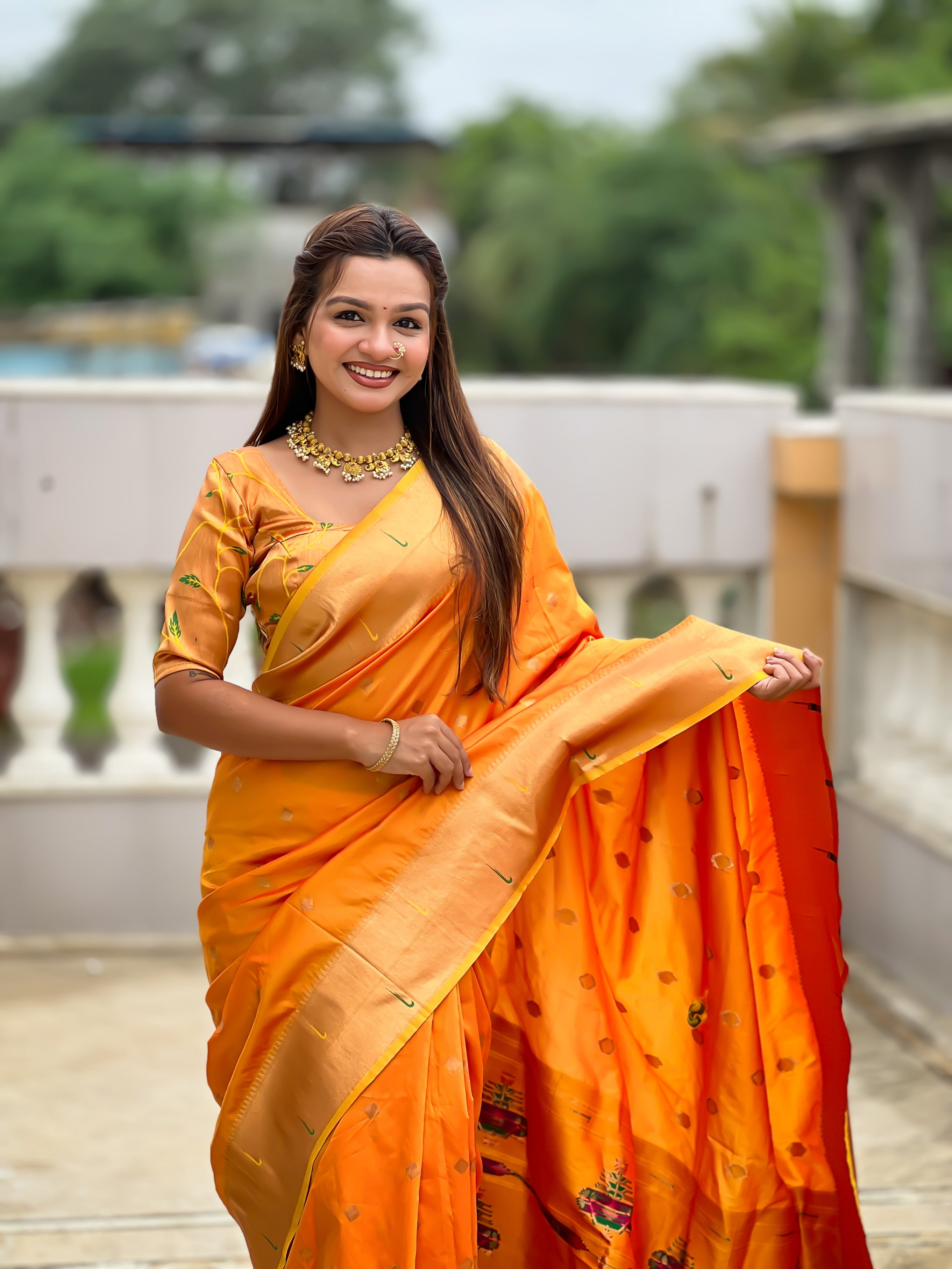 Vedant Vastram Soft Litchi Silk Paithani Jacquard Saree - Mustard - Dista