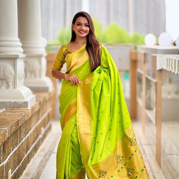Vedant Vastram Soft Litchi Silk Paithani Jacquard Saree - Parrot - Dista