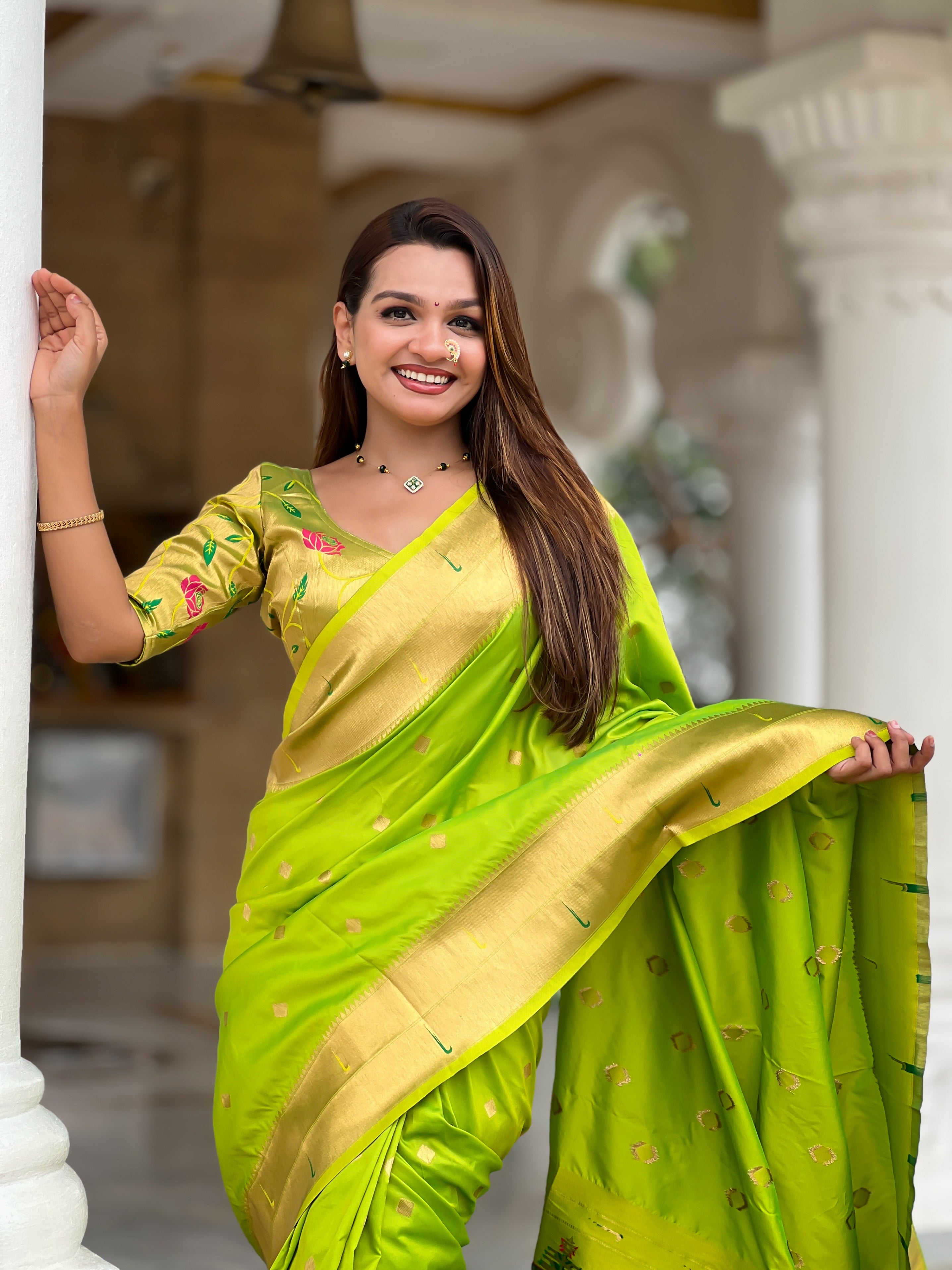 Vedant Vastram Soft Litchi Silk Paithani Jacquard Saree - Parrot - Dista