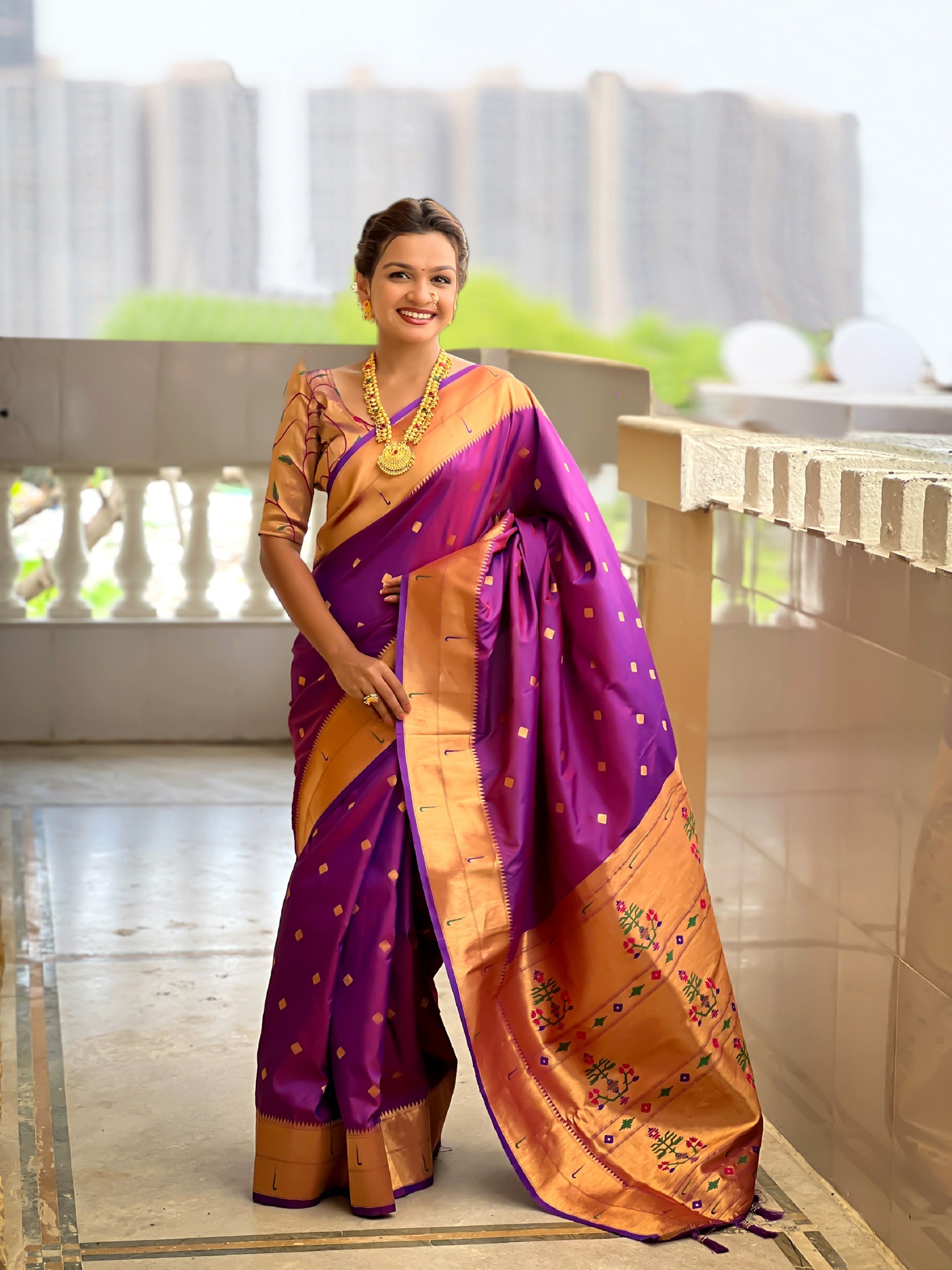 Vedant Vastram Soft Litchi Silk Paithani Jacquard Saree - Purple - Dista