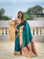 Thumbnail for Vedant Vastram Soft Litchi Silk Paithani Jacquard Saree - Rama - Dista