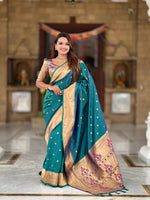 Thumbnail for Vedant Vastram Soft Litchi Silk Paithani Jacquard Saree - Rama - Dista