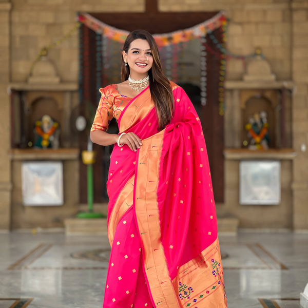 Vedant Vastram Soft Litchi Silk Paithani Jacquard Saree - Pink - Dista