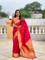 Thumbnail for Vedant Vastram Soft Litchi Silk Paithani Jacquard Saree - Pink - Dista