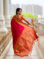 Thumbnail for Vedant Vastram Soft Litchi Silk Paithani Jacquard Saree - Pink - Dista