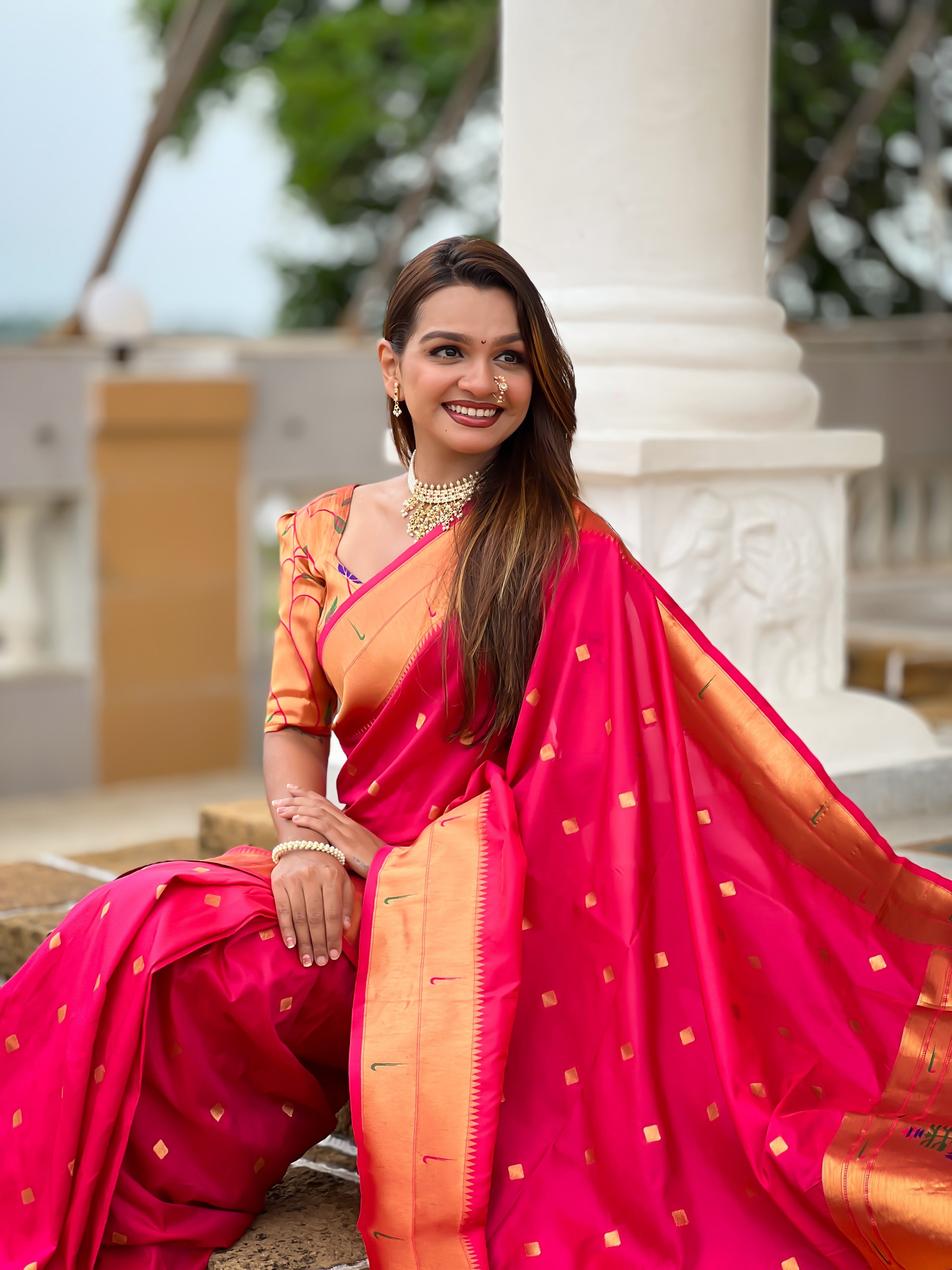 Vedant Vastram Soft Litchi Silk Paithani Jacquard Saree - Pink - Dista