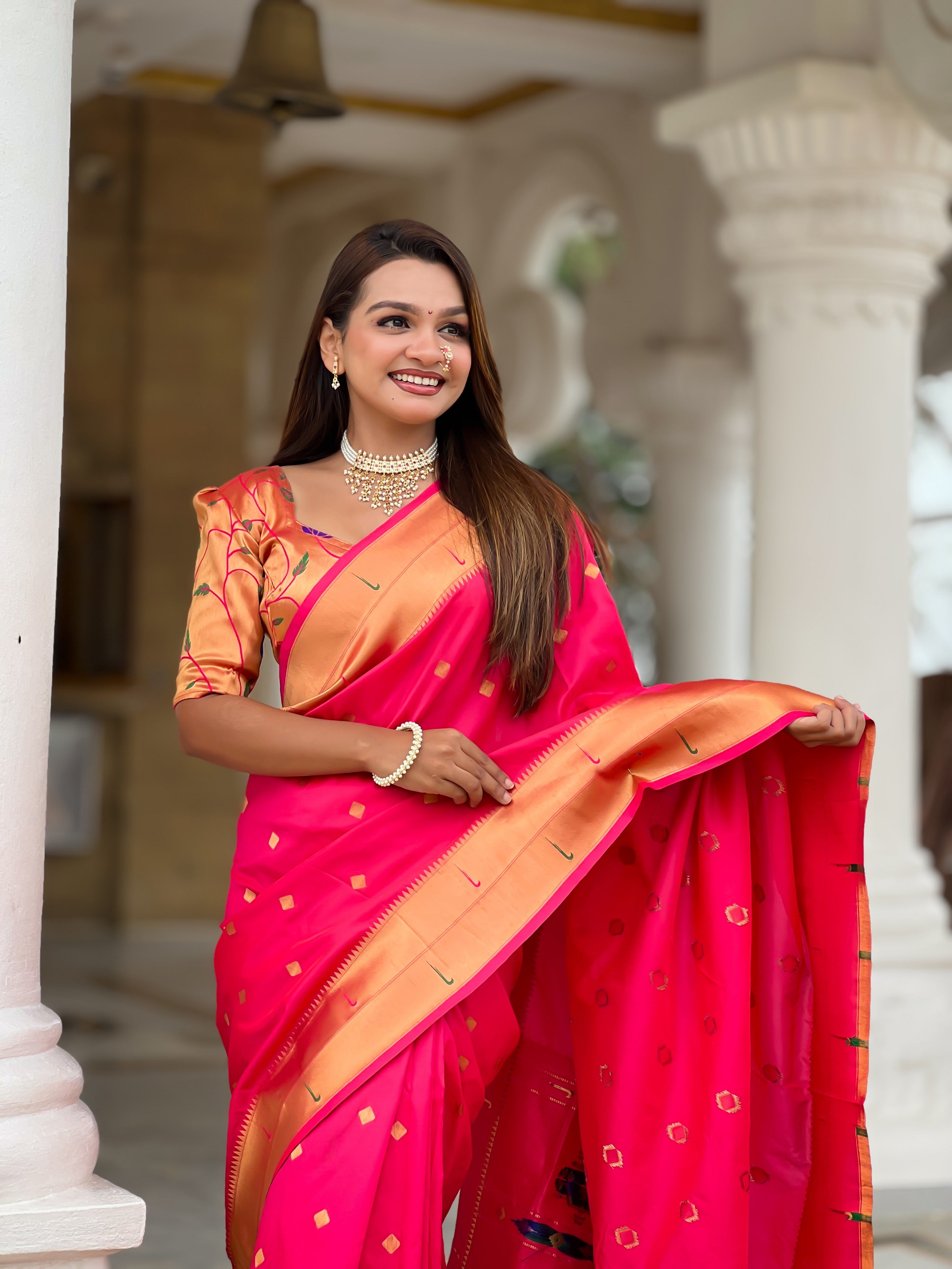 Vedant Vastram Soft Litchi Silk Paithani Jacquard Saree - Pink - Dista