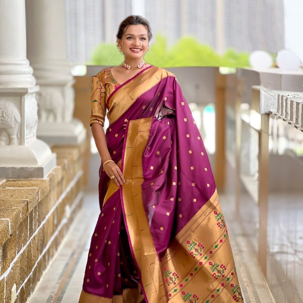 Vedant Vastram Soft Litchi Silk Paithani Jacquard Saree - Wine - Dista