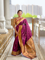 Thumbnail for Vedant Vastram Soft Litchi Silk Paithani Jacquard Saree - Wine - Dista